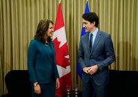 Prime Minister Justin Trudeau meets with Alberta Premier Danielle Smith in Calgary on Wednesday, March 13, 2024. The Alberta government is asking the federal government for more control over provincial immigration.THE CANADIAN PRESS/Todd Korol