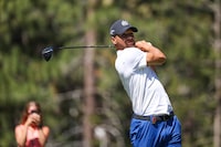 STATELINE, NEVADA - JULY 14: Stephen Curry of the NBA Golden State Warriors hits his tee on the 18th hole on Day One of the 2023 American Century Championship at Edgewood Tahoe Golf Course on July 14, 2023 in Stateline, Nevada. (Photo by Isaiah Vazquez/Getty Images)