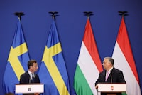Swedish Prime Minister Ulf Kristersson and Hungarian Prime Minister Viktor Orban hold a joint press conference in Budapest, Hungary, February 23, 2024. REUTERS/Bernadett Szabo