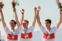 Dean Crawford, centre, of Canada celebrate winning the Men's Coxed Eights rowing competition on 5 August 1984 during the XXIII Olympic Summer Games at Lake Casitas in Los Padres National Forest, California, United States. (Photo by Allsport/Getty Images)