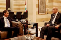 US special envoy Amos Hochstein (L) meets with Lebanese caretaker Prime Minister Najib Mikati in Beirut on November 7, 2023 amid continuing tenions on the Lebanese-Israeli border, one month after the start of the war between Hamas and Israel. While the war rages in Gaza, there has also been cross-border fighting between Israel and Lebanon's militant group Hezbollah. (Photo by JOSEPH EID / AFP) (Photo by JOSEPH EID/AFP via Getty Images)