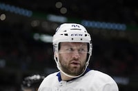 Toronto Maple Leafs defenseman Morgan Rielly (44) looks on during the first period of an NHL hockey game against the Washington Capitals, Tuesday, Oct. 24, 2023, in Washington. (AP Photo/Nick Wass)