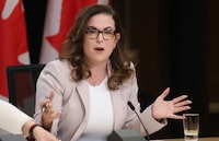 Mental Health and Addictions Minister Ya’ara Saks participates in a news conference in Ottawa on Tuesday, April 9, 2024. Saks says the federal government has granted British Columbia's request to scale back its drug decriminalization pilot program.THE CANADIAN PRESS/ Patrick Doyle