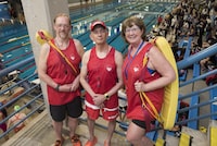 Lifeguards from left are: Brad Doley, Dave Smith and Sue Keeley at the Canada Games Aquatic Centre in Saint John, New Brunswick, April 21, 2023. Photo: The Globe and Mail/Stephen MacGillivray

