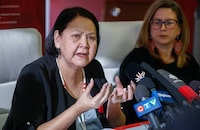 The Assembly of Manitoba Chiefs says a second feasibility study assessing the scope of a landfill search for the remains of two First Nations women has been completed and is set to be forwarded to the federal government. Kirstin Witwicki, right, cousin of Morgan Harris, listens in as Cathy Merrick, Grand Chief of the Assembly of Manitoba Chiefs, speaks to media in response to a federal announcement for a feasibility study to search a local landfill in Winnipeg, Friday, Feb. 10, 2023. THE CANADIAN PRESS/John Woods
