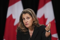 Deputy Prime Minister and Minister of Finance Chrystia Freeland takes part in a press conference in Ottawa on Tuesday, Oct. 17, 2023. Freeland is applauding the B.C. government for going after short-term rentals and says the federal government is looking at what it can do on the issue as well. THE CANADIAN PRESS/Sean Kilpatrick