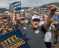 FILE - Tom Duffy of Clairton raises his fist as hundreds of United Steelworkers rally and march on Thursday, Aug. 30, 2018, in Clairton, Pa. The United Steelworkers Union has endorsed President Joe Biden Wednesday, March 20, 2024, giving him support from another large labor union. (Steph Chambers/Pittsburgh Post-Gazette via AP, File)