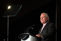 Ontario Premier Doug Ford presents the opening remarks during the 24th Annual Young Women’s Conference, as part of the 2023 Skills Ontario Competition, in Etobicoke, Ont., on  Tuesday, May 2, 2023. Ford has roundly rebuffed calls from the mayor of Markham, Ont., to consolidate the 10 municipal governments of York Region into one city. THE CANADIAN PRESS/ Tijana Martin