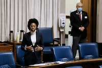 Uzoma Asagwara speaks during question period at the Manitoba Legislature in Winnipeg, Wednesday, May 6, 2020. The Manitoba government is suspending many planned nursing homes and other health care capital projects, pending a review that includes the province's finances. THE CANADIAN PRESS/John Woods