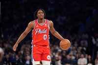 Philadelphia 76ers' Tyrese Maxey (0) during the first half of Game 2 in an NBA basketball first-round playoff series against the New York Knicks Monday, April 22, 2024, in New York. (AP Photo/Frank Franklin II)