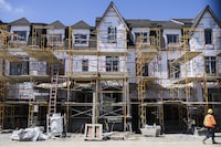 Construction on housing takes place in Brampton, Ont., Thursday April 27, 2023. (Christopher Katsarov/The Globe and Mail)
