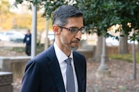 FILE - Google and Alphabet Inc. CEO Sundar Pichai arrives at the federal courthouse in Washington, Monday, Oct. 30, 2023. Google on Monday, Nov. 6, will try to protect a lucrative piece of its internet empire at the same time it’s still entangled in the biggest U.S. antitrust trial in a quarter century.  The latest threat will unfold in a San Francisco federal court, where a 10-person jury will decide whether Google's digital payment processing system in the Play Store that distributes apps for phones running on its Android software has been illegally driving up prices for consumers and developers. (AP Photo/Jose Luis Magana, File)