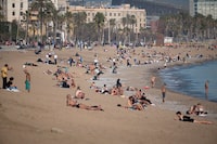 People sunbathe on the San Sebastian beach in Barcelona on January 26, 2024 as temperatures around 30°C were recorded in Spain. Spain is affected by a heat wave worthy of the start of summer in the middle of January, according to the meteorological agency (Aemet), which is worried about this "anomaly" . (Photo by Josep LAGO / AFP) (Photo by JOSEP LAGO/AFP via Getty Images)