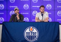 Edmonton Oilers' Leon Draisaitl (left) and Connor McDavid speak about the future of the Oilers after the loss to the Vegas Golden Knights in the playoffs, in Edmonton on Tuesday May 16, 2023.THE CANADIAN PRESS/Jason Franson 