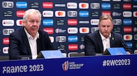 PARIS, FRANCE - OCTOBER 24:  Bill Beaumont, (L) the World Rugby chairman, and Alan Gilpin, the World Rugby chief executive face the media during the World Rugby media conference ahead of the Rugby World Cup France 2023 Final held at Roland Garros on October 24, 2023 in Paris, France. (Photo by David Rogers/Getty Images)