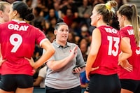 Head coach Shannon Winzer (centre) during the FIVB Volleyball Nations League as Canada takes on Turkey at the Seven Chiefs Sportsplex in Calgary on June 28, 2022.