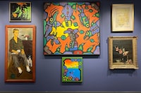 A fake painting by Norval Morrisseau hanging at the Visible Storage Gallery in the McLennan Library at Mcgill University in Montreal on Friday, January 26th, 2024.