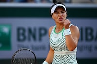 PARIS, FRANCE - MAY 30: Bianca Andreescu of Canada celebrates against Viktoria Azarenka during their Women's Singles First Round Match on Day Three of the 2023 French Open at Roland Garros on May 30, 2023 in Paris, France. (Photo by Clive Mason/Getty Images)