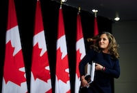 Deputy Prime Minister and Minister of Finance Chrystia Freeland holds a press conference in the media-lockup prior to tabling the Federal Budget in Ottawa on Tuesday, April 16, 2024.  THE CANADIAN PRESS/Sean Kilpatrick

