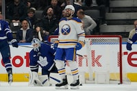 Mar 13, 2023; Toronto, Ontario, CAN; Buffalo Sabres forward Alex Tuch (89) reacts after scoring the game winning goal against the Toronto Maple Leafs during the third period at Scotiabank Arena. Mandatory Credit: John E. Sokolowski-USA TODAY Sports