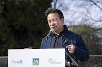 Ken Sim, mayor of Vancouver, responds to questions of China’s Vancouver consulate interference in the 2022 municipal election at a press conference at Helena Gutteridge Plaza near city hall in Vancouver, B.C. on Thursday, March 16, 2023. (Kayla Isomura/The Globe and Mail)