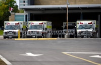 Ontario will provide free bereavement counselling for two years to families of first responders who have died in the line of duty and those who died by suicide. Ambulances are parked outside the Emergency Department at the Ottawa Hospital Civic Campus in Ottawa on Monday, May 16, 2022. THE CANADIAN PRESS/Justin Tang