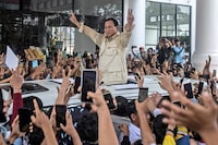 FILE- Presidential candidate Prabowo Subianto greets supporters during a campaign rally in Medan, North Sumatra, Indonesia, Saturday, Jan. 13, 2024. Subianto was on Wednesday, March 20, confirmed the victor of last month's presidential election over two former governors who have vowed to contest the result in court. (AP Photo/Binsar Bakkara, File)