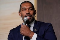 Julius Peppers, NFL Hall of Fame Class of 2024, speaks during a news conference at the NFL Honors award show ahead of the Super Bowl 58 football game Thursday, Feb. 8, 2024, in Las Vegas. The San Francisco 49ers face the Kansas City Chiefs in Super Bowl 58 on Sunday. (AP Photo/Godofredo A. Vásquez)