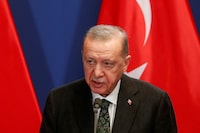 FILE PHOTO: Turkish President Recep Tayyip Erdogan delivers statements, in Budapest, Hungary, December 18, 2023. REUTERS/Bernadett Szabo/File Photo