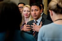 Arif Virani, Minister of Justice and Attorney General speaks in the Foyer of the House of Commons on Parliament Hill in Ottawa, on Monday, May 6, 2024. THE CANADIAN PRESS/Spencer Colby
