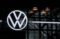 FILE PHOTO: A Volkswagen logo is seen during the New York International Auto Show, in Manhattan, New York City, U.S., April 5, 2023. REUTERS/David 'Dee' Delgado