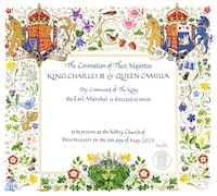This photo released by Buckingham Palace on Tuesday, April 4, 2023 displays the invitation to the Coronation of Britain's King Charles III in Westminster Abbey. King Charles III’s wife has been officially identified as Queen Camilla for the first time, with Buckingham Palace using the title on invitations for the monarch’s May 6 coronation. Camilla, who until now has been described as queen consort, is given equal billing on the ornate medieval style invitations that will be sent to more than 2,000 guests and were unveiled on Tuesday. (Buckingham Palace via AP)
