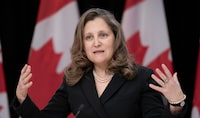 Finance Minister Chrystia Freeland says a tax on beer, spirits and wine is set to increase on April 1 to two per cent. Freeland responds to a question during a weekly news conference in Ottawa, Tuesday, Feb. 27, 2024. THE CANADIAN PRESS/Adrian Wyld