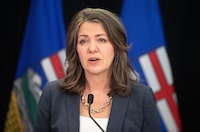 Alberta Premier Danielle Smith speaks about proposed legislation addressing agreements between the federal government and provincial entities, in Edmonton on Wednesday, April 10, 2024. THE CANADIAN PRESS/Jason Franson.