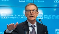Bank of Canada Governor Tiff Macklem gestures as he reponds to a question during a news conference following rate announcement on Wednesday, April 10, 2024 in Ottawa.  THE CANADIAN PRESS/Adrian Wyld