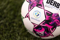 The Canadian Premier League logo is seen on a game ball ahead of Canadian Championship quarterfinal soccer action at Tim Hortons Field in Hamilton, Tuesday, May 9, 2023. THE CANADIAN PRESS/Nick Iwanyshyn