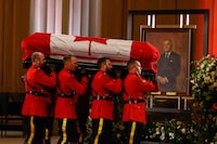 Pallbearers carry the casket of late former Canadian Prime Minister Brian Mulroney, ahead of his Montreal funeral, in Ottawa, Ontario, Canada March 19, 2024.  REUTERS/Blair Gable/Pool