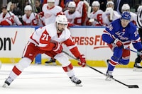 Detroit Red Wings center Dylan Larkin (71) in action against the New York Rangers in the first period of an NHL hockey game Tuesday, Nov. 7, 2023, in New York. (AP Photo/Adam Hunger)