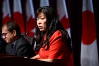 Minister of Export Promotion, International Trade and Economic Development Mary Ng speaks during a signing ceremony with Japanese and Canadian officials in Ottawa, on Thursday, Sept. 21, 2023. THE CANADIAN PRESS/Justin Tang