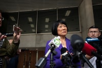 Olivia Chow, Mayor Elect  for the city of Toronto, holds a press conference under the windows of the mayor’s office at city hall on June 27, 2023. (Fred Lum/The Globe and Mail)