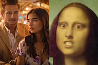 Screenshots from two AI-generated videos. Left, from TCLtv+ production "Next Stop Paris" and right, from a Microsoft video that makes the Mona Lisa rap.