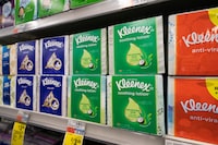 U.S. manufacturer Kimberly-Clark says it is exiting the consumer facial tissue business in Canada this month. Boxes of Kleenex tissues are displayed in a pharmacy, Monday, April 19, 2021 in New York. THE CANADIAN PRESS/AP-Mark Lennihan