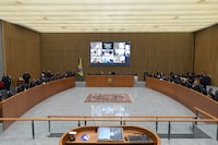 This handout picture released by Brazil's Superior Court of Justice shows the general view of a session of the Special Court of the Brazilian Superior Court of Justice that will judge the homologation of the Italian court's sentence for rape against former football player Robinho in Brasilia on March 20, 2024. Robson de Souza, popularly known as "Robinho", was convicted by an Italian court in 2017 with five other men for gang-raping an Albanian woman out celebrating her 23rd birthday at a Milan nightclub in 2013. The former Brazil international, now 40, was playing for AC Milan at the time. Brazil president Luiz Inacio Lula da Silva has said he hoped Robinho can "serve" the sentence on Brazilian soil. (Photo by Rafael Luz / Brazil's Superior Court of Justice / AFP) / RESTRICTED TO EDITORIAL USE - MANDATORY CREDIT "AFP PHOTO /Brazil's Superior Court of Justice / Rafael LUZ" - NO MARKETING - NO ADVERTISING CAMPAIGNS - DISTRIBUTED AS A SERVICE TO CLIENTS (Photo by RAFAEL LUZ/Brazil's Superior Court of Justice/AFP via Getty Images)