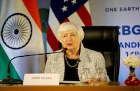 FILE PHOTO: U.S. Treasury Secretary Janet Yellen addresses the media, along with Indian Finance Minister Nirmala Sitharaman, on the sidelines of a G20 meeting at Gandhinagar, India, July 17, 2023. REUTERS/Amit Dave/File Photo