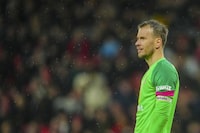 Bournemouth's goalkeeper Neto looks on during the English Premier League soccer match between Manchester United and Bournemouth at the Old Trafford stadium in Manchester, England, Saturday, Dec. 9, 2023. (AP Photo/Jon Super)