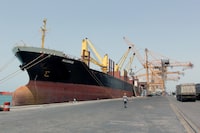 A ship is docked at the Red Sea port of Hodeidah, Yemen, March 23, 2017. REUTERS/Abduljabbar Zeyad/file photo