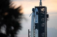 This handout image courtesy of NASA shows a SpaceX Falcon 9 rocket with the company's Dragon spacecraft on top is seen at sunset on the launch pad at Launch Complex 39A as preparations continue for the Crew-7 mission, August 23, 2023, at NASA's Kennedy Space Center in Florida. (Photo by Joel KOWSKY / NASA / AFP) / RESTRICTED TO EDITORIAL USE - MANDATORY CREDIT "AFP PHOTO / NASA/Joel Kowsky" - NO MARKETING NO ADVERTISING CAMPAIGNS - DISTRIBUTED AS A SERVICE TO CLIENTS (Photo by JOEL KOWSKY/NASA/AFP via Getty Images)