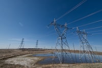 With the sounds of humming overhead, transmission lines carry hundreds of kilovolts of electricity from ENMAX Calgary Energy Centre on April 23rd, 2024.
(Louis Oliver/The Globe and Mail)