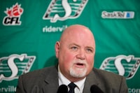 Saskatchewan Roughriders President Jim Hopson talks to reporters on Tuesday, Feb. 3, 2009 at Mosaic Stadium in Regina. Hopson, the former Saskatchewan Roughriders player who later served as president of the CFL club, has died. He was 73. THE CANADIAN PRESS/Troy Fleece