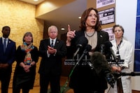 U.S. Vice President Kamala Harris speaks during a visit to the St. Paul Health Center, a clinic that performs abortions, in St. Paul, Minnesota, U.S., March 14, 2024. REUTERS/Nicole Neri  REFILE - CORRECTING CITY FROM "MINNEAPOLIS" TO "ST. PAUL\